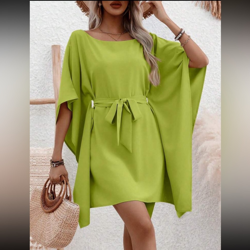 Boho Scoop Neck Kimono Sleeve Belted Mini Dress - Picture 2 of 6